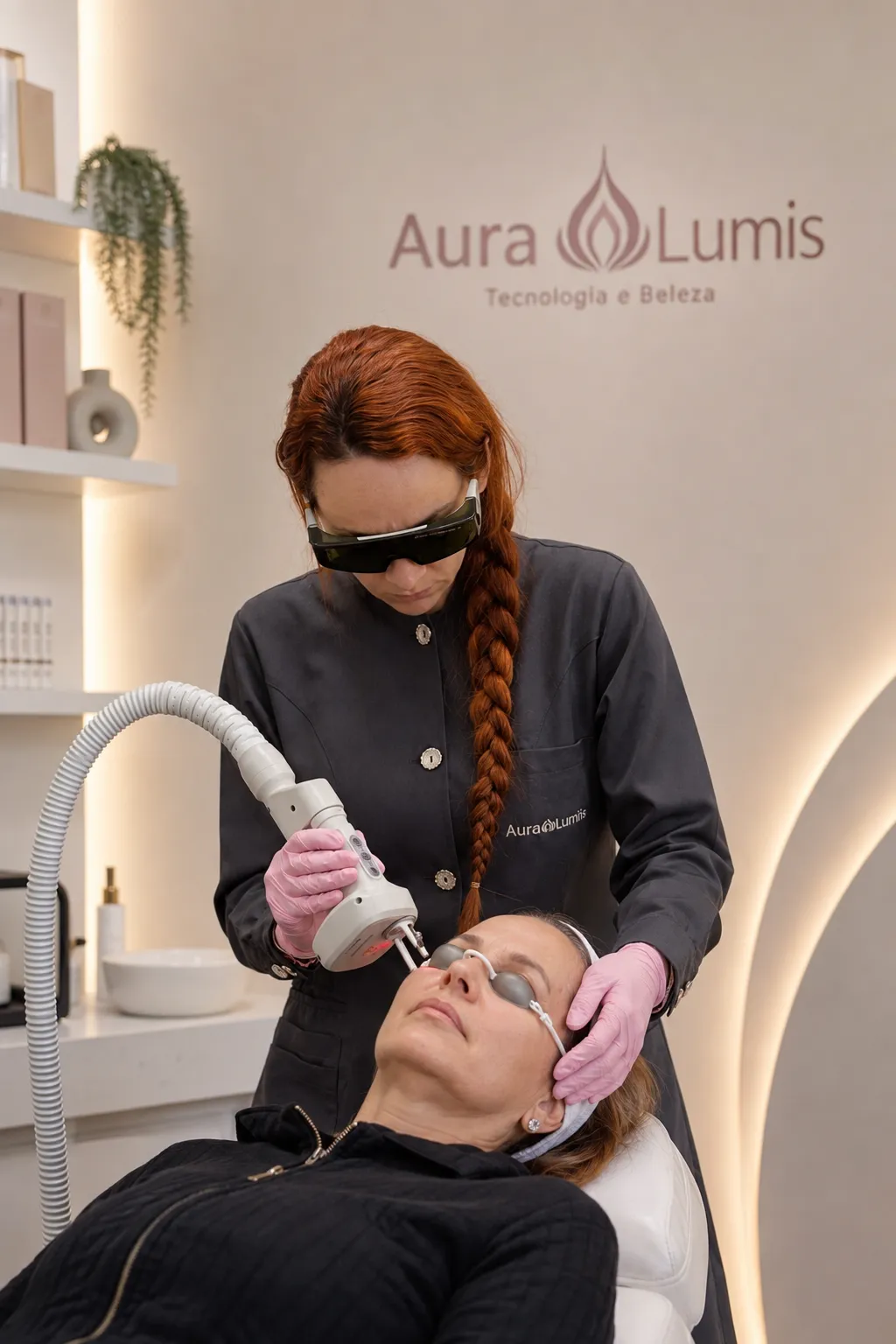 Alexsandra Aurora Gomes utilizando tecnologia estética em atendimento