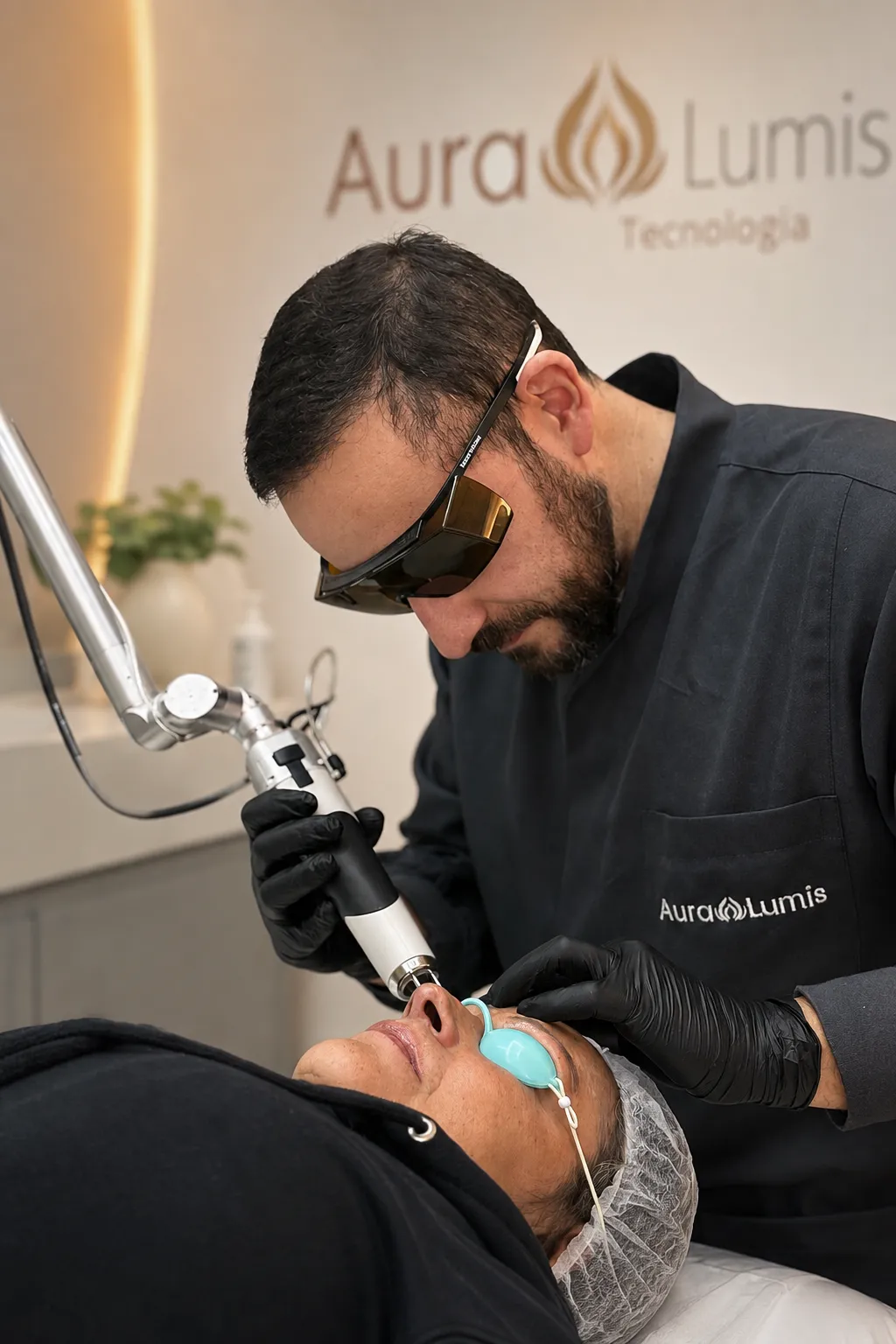 Elvio Rossetto durante atendimento facial na Auralumis