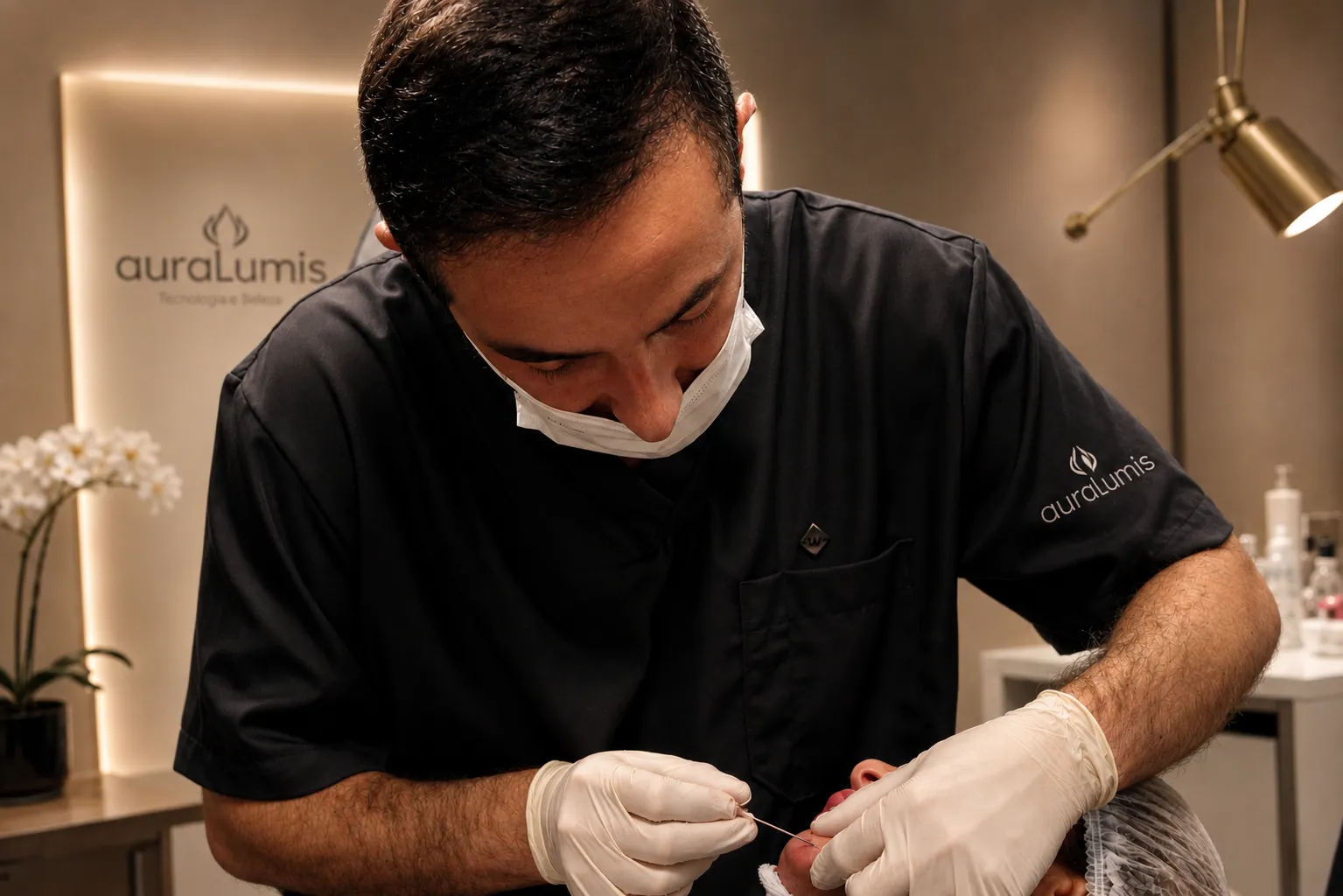 Elvio Rossetto realizando procedimento injetável facial