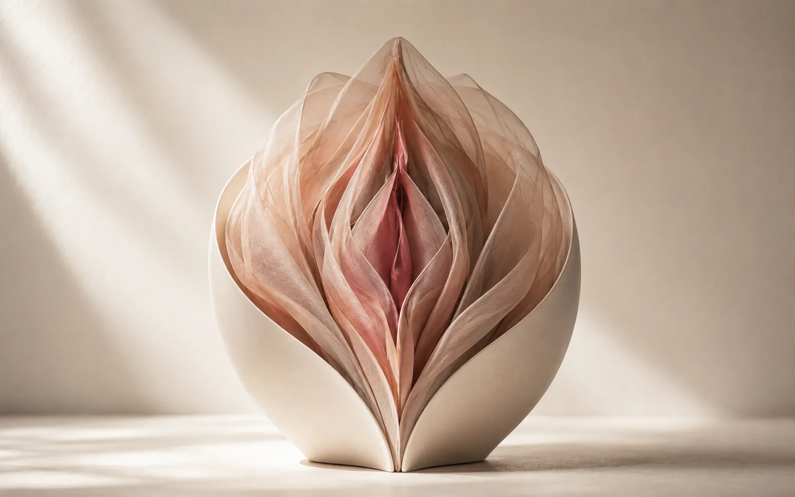 Escultura botânica em porcelana e tecido rosado, com formas orgânicas simétricas