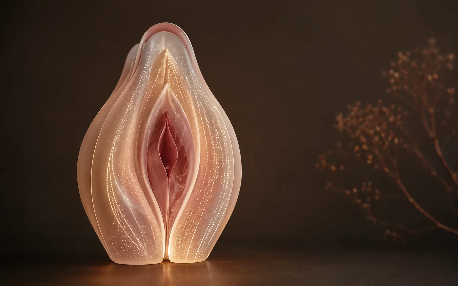 Escultura orgânica translúcida com pontos luminosos sugerindo aplicação fracionada